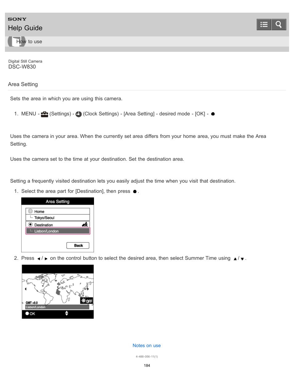 Area setting, Sets the area in which you are using this camera, Help guide | Sony DSC-W830 User Manual | Page 177 / 254