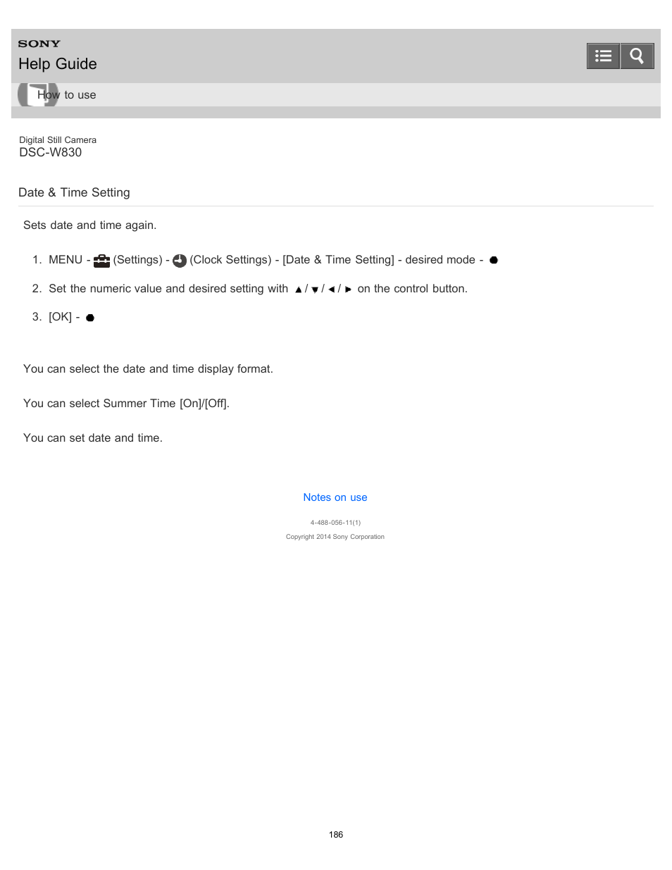 Date & time setting, Sets date and time again, Help guide | Sony DSC-W830 User Manual | Page 178 / 254