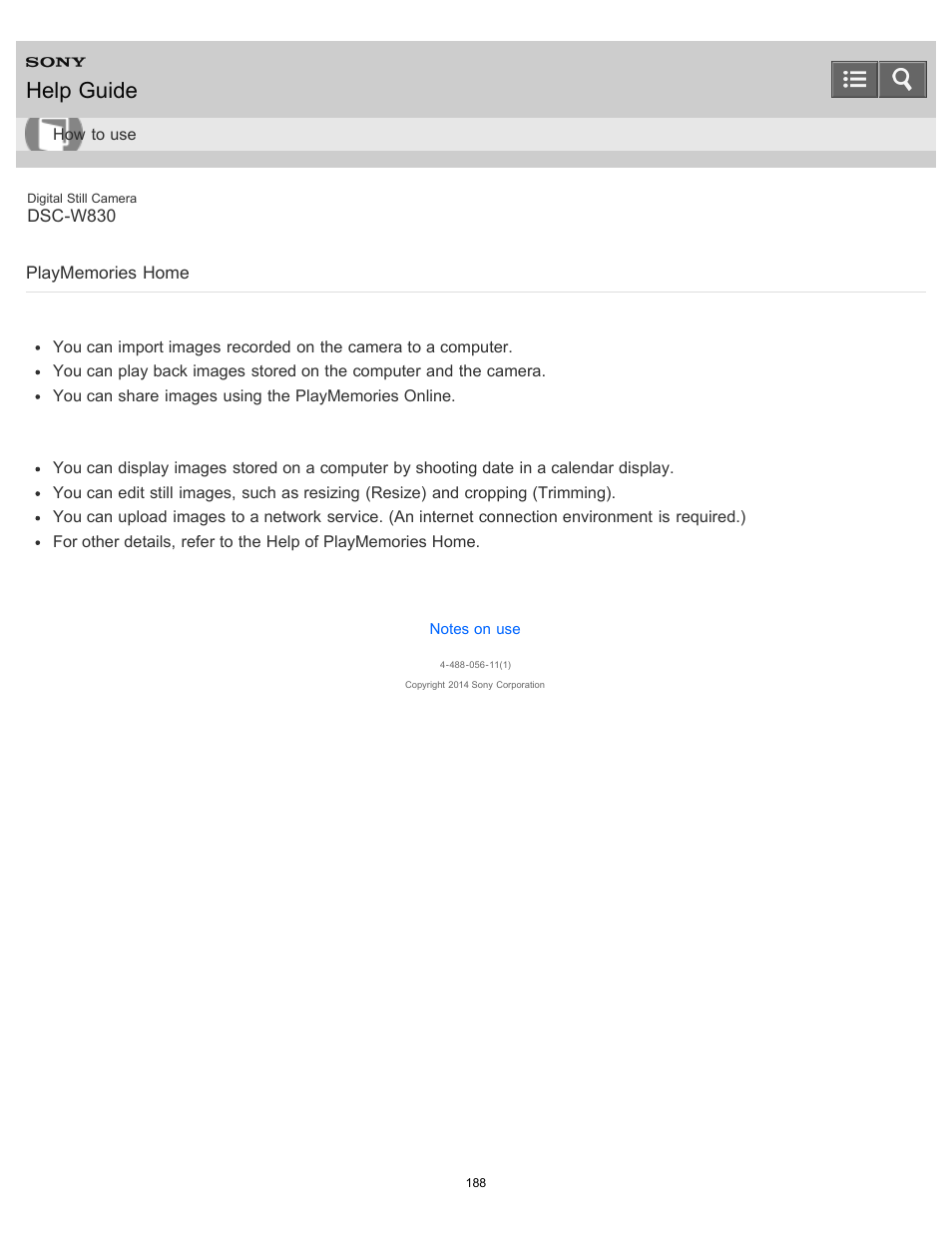 Playmemories home, Help guide | Sony DSC-W830 User Manual | Page 180 / 254