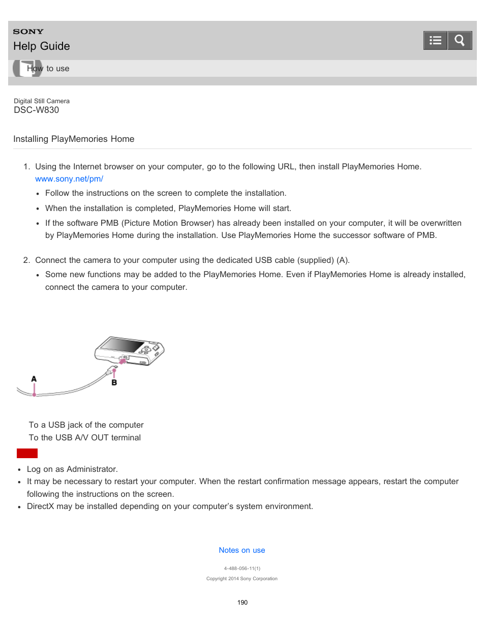 Installing playmemories home, Help guide | Sony DSC-W830 User Manual | Page 182 / 254