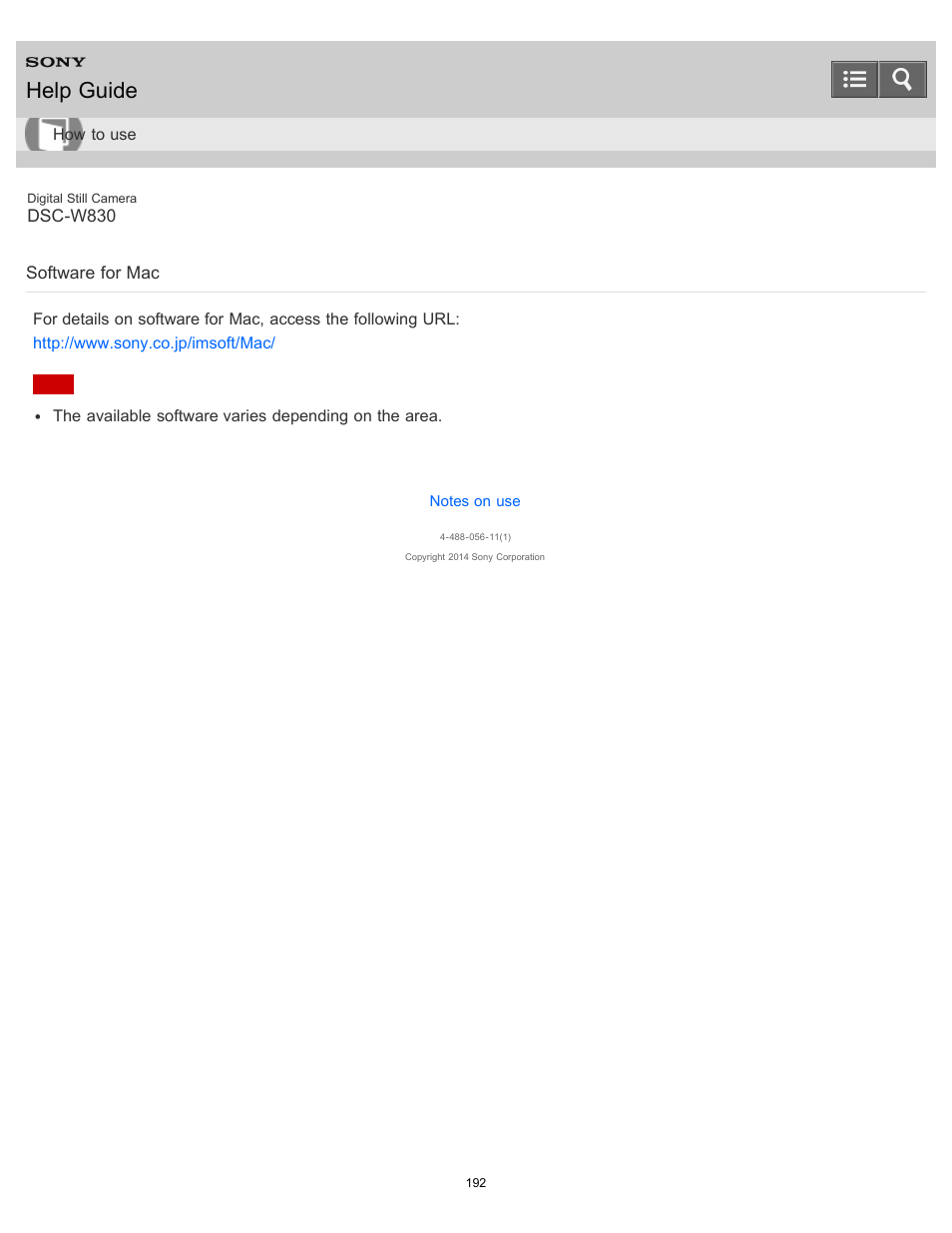 Software for mac, Help guide | Sony DSC-W830 User Manual | Page 183 / 254