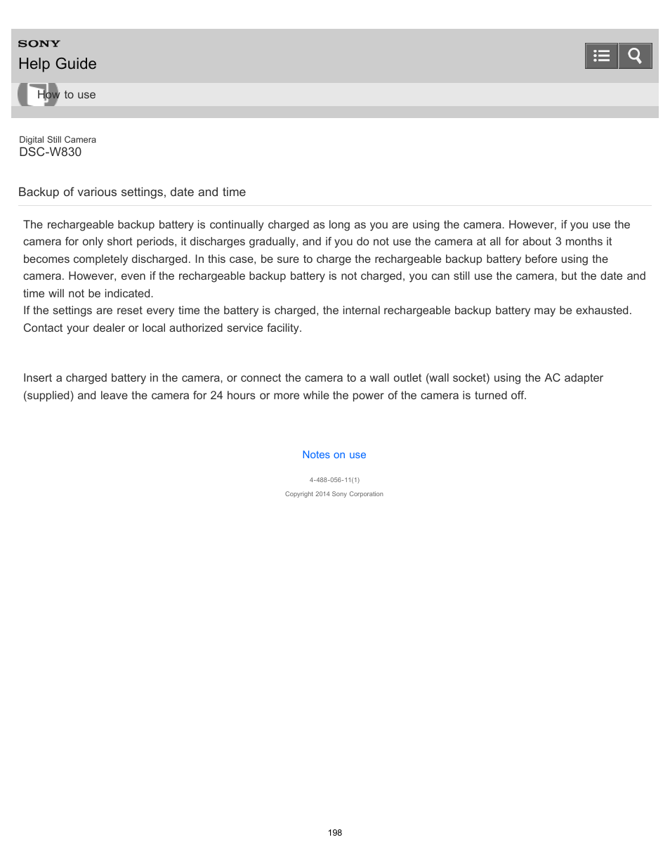 Backup of various settings, date and time, Help guide | Sony DSC-W830 User Manual | Page 189 / 254