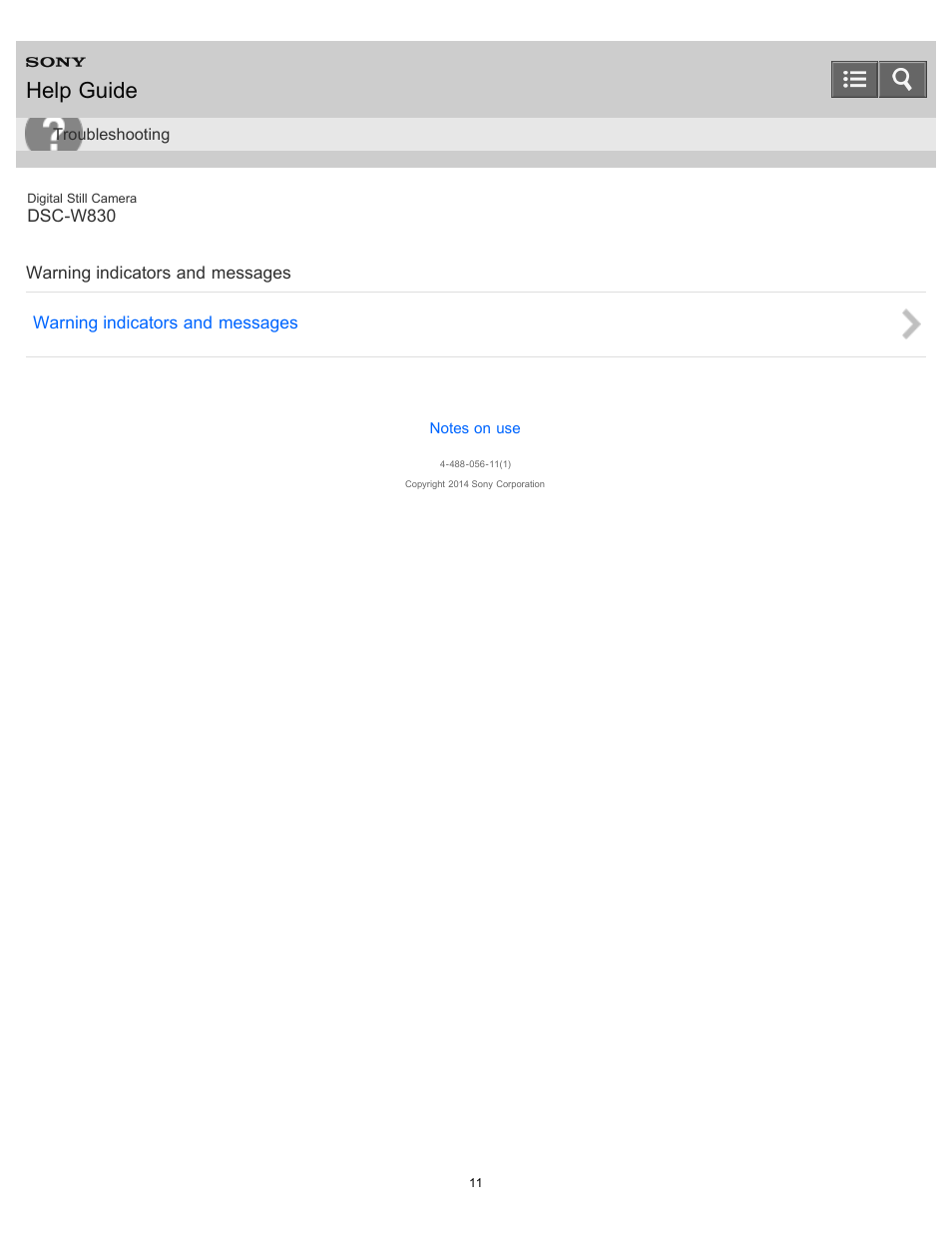 Warning indicators and messages, Help guide | Sony DSC-W830 User Manual | Page 19 / 254