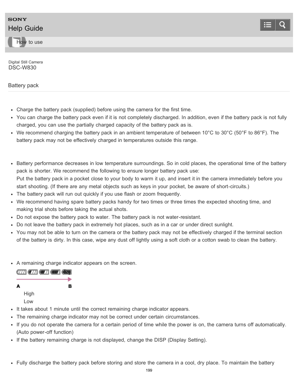 Battery pack, Help guide | Sony DSC-W830 User Manual | Page 190 / 254