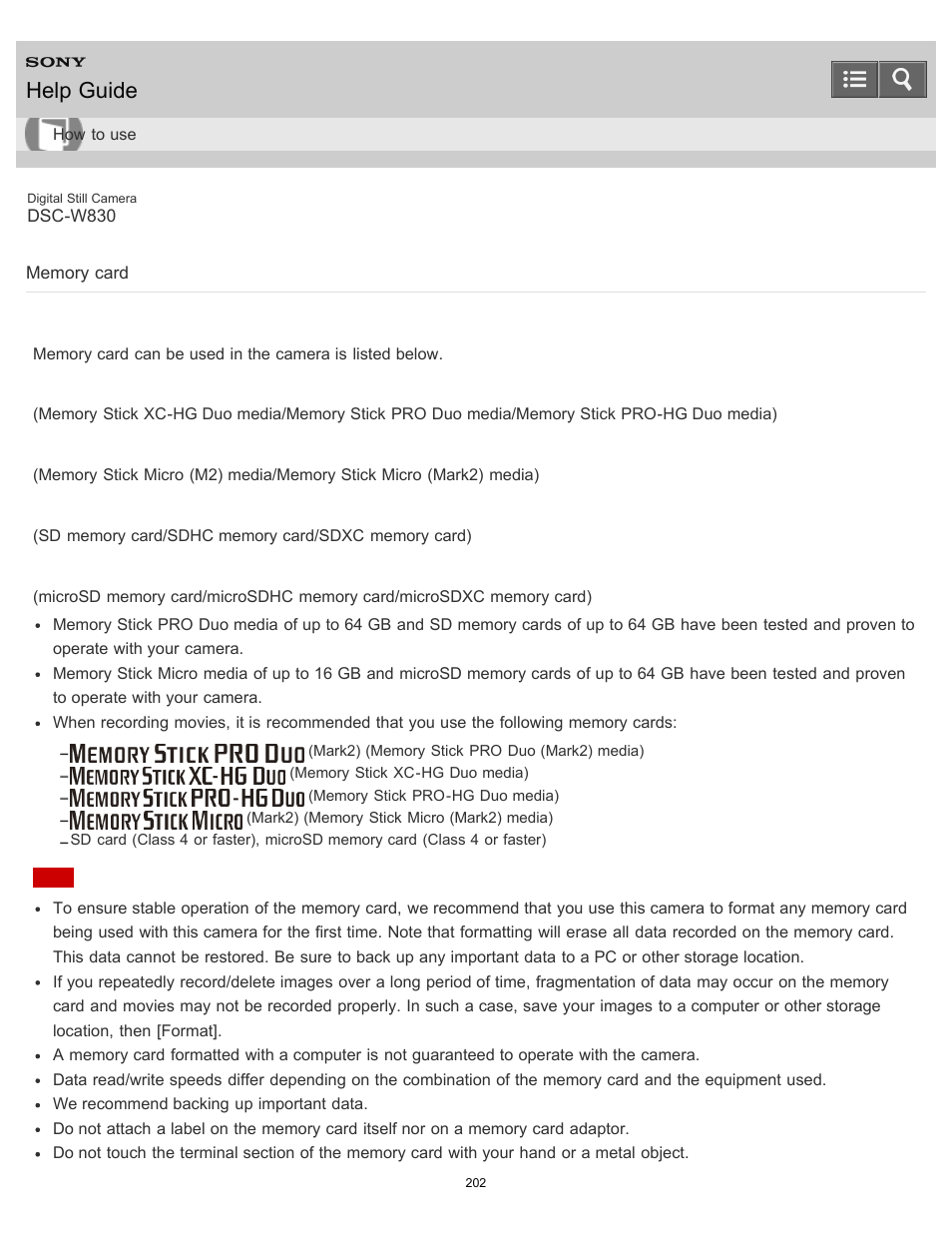 Memory card, Help guide | Sony DSC-W830 User Manual | Page 193 / 254