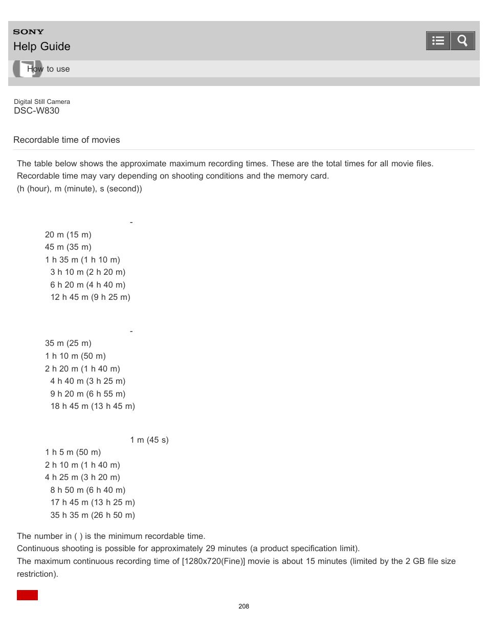 Recordable time of movies, Help guide | Sony DSC-W830 User Manual | Page 198 / 254