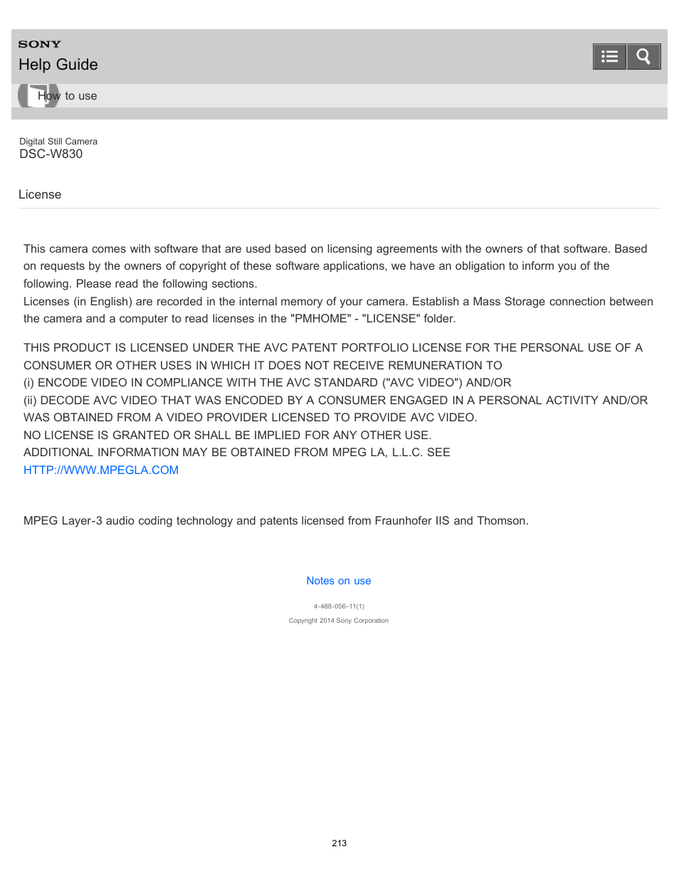 License, Help guide | Sony DSC-W830 User Manual | Page 203 / 254