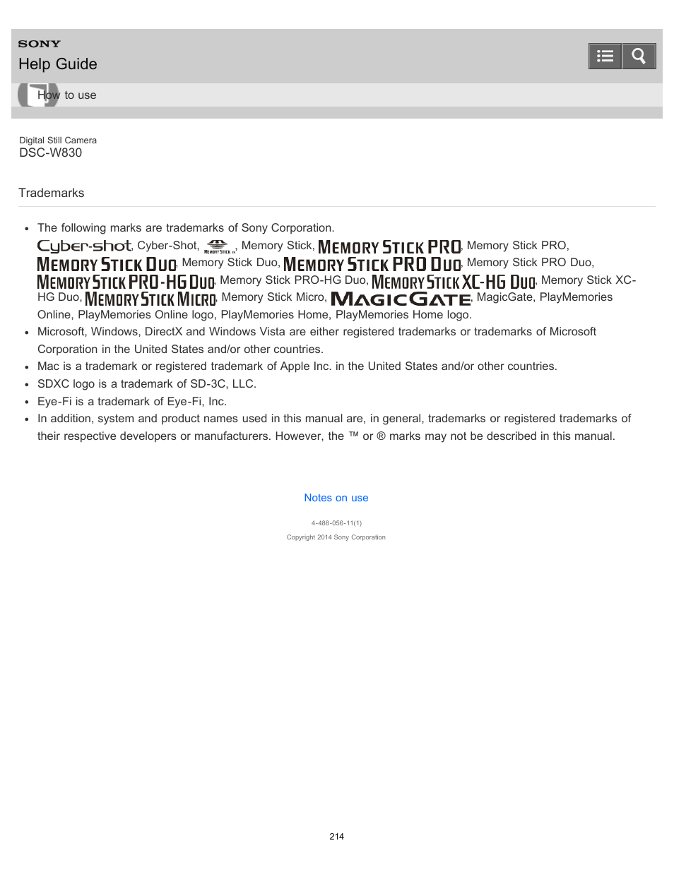Trademarks, Help guide | Sony DSC-W830 User Manual | Page 204 / 254