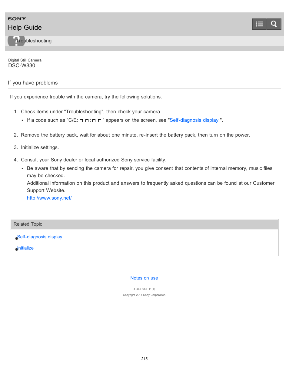 If you have problems, Help guide | Sony DSC-W830 User Manual | Page 205 / 254