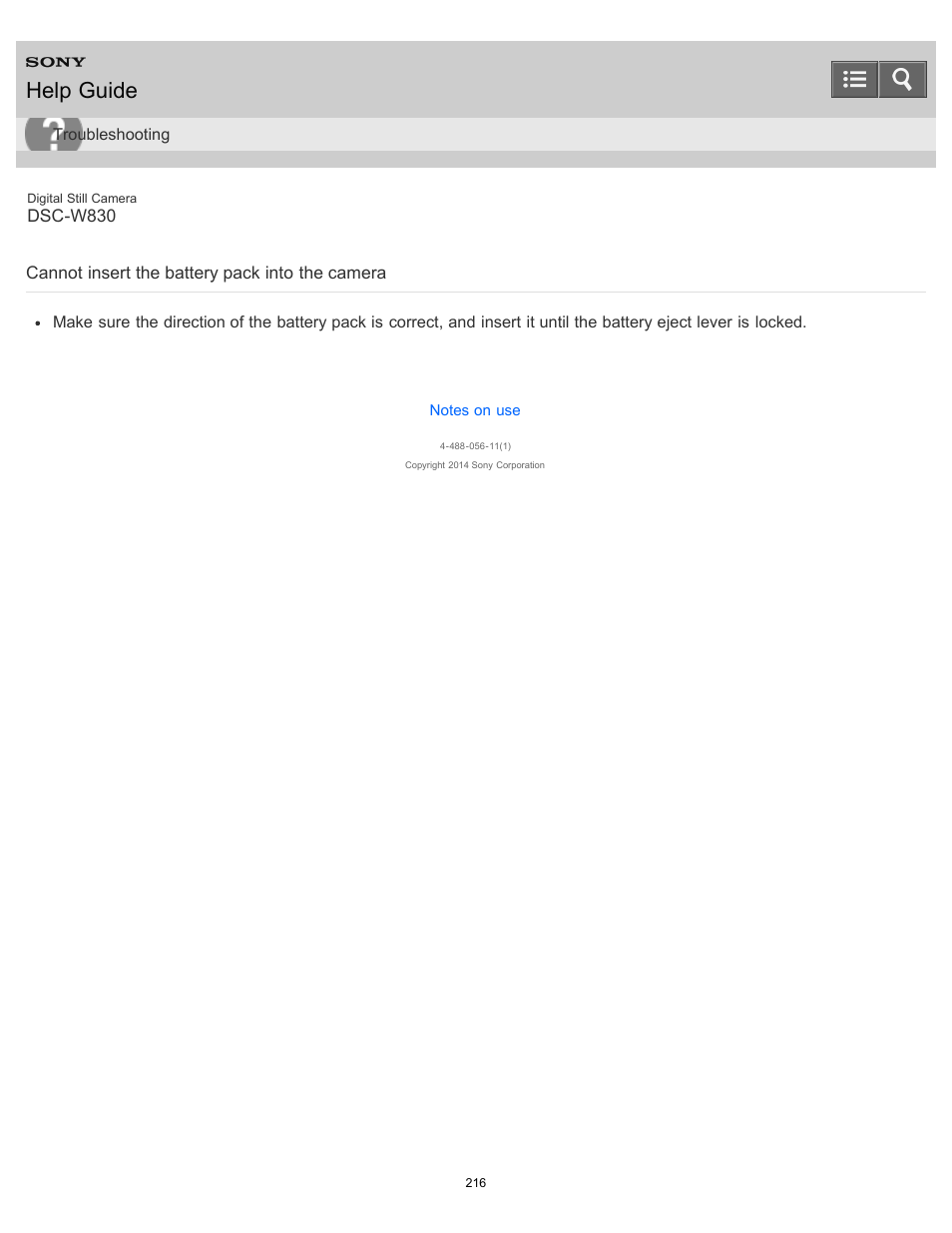 Cannot insert the battery pack into the camera, Help guide | Sony DSC-W830 User Manual | Page 206 / 254