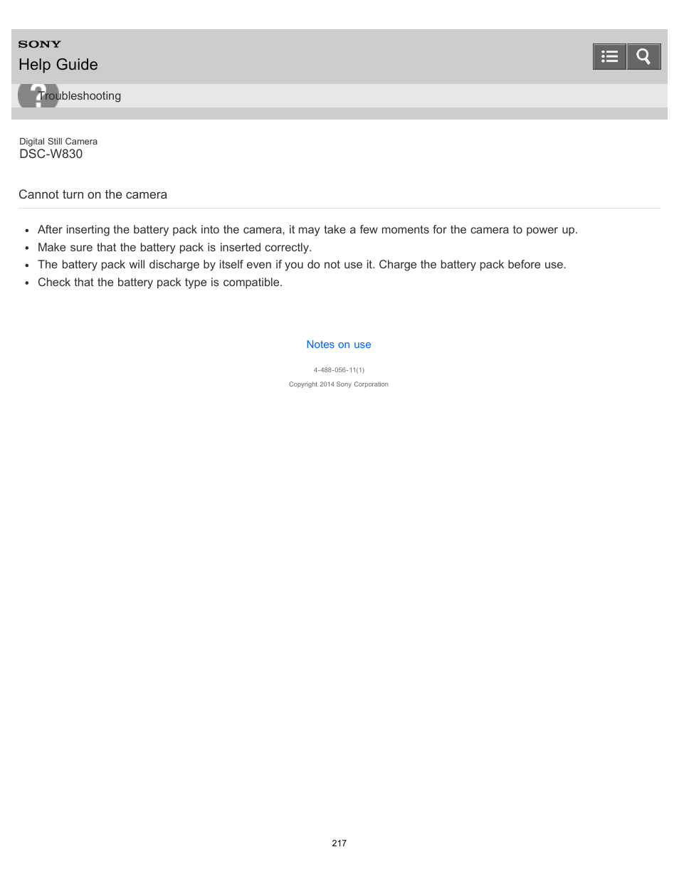 Cannot turn on the camera, Help guide | Sony DSC-W830 User Manual | Page 207 / 254