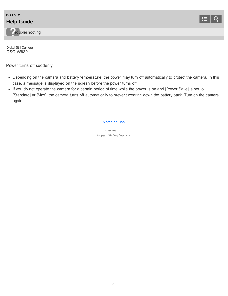 Power turns off suddenly, Help guide | Sony DSC-W830 User Manual | Page 208 / 254