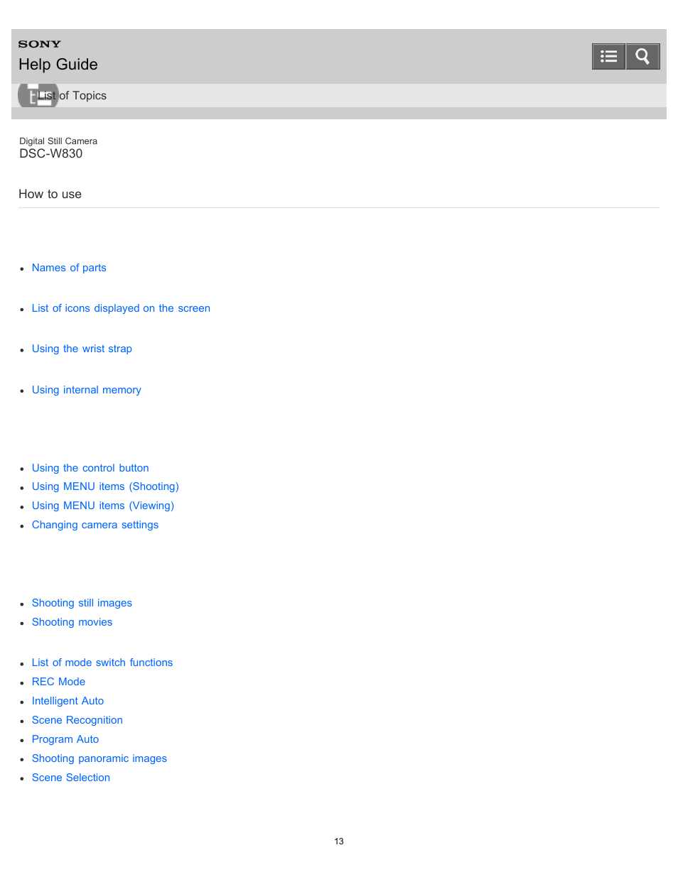 How to use, Help guide | Sony DSC-W830 User Manual | Page 21 / 254