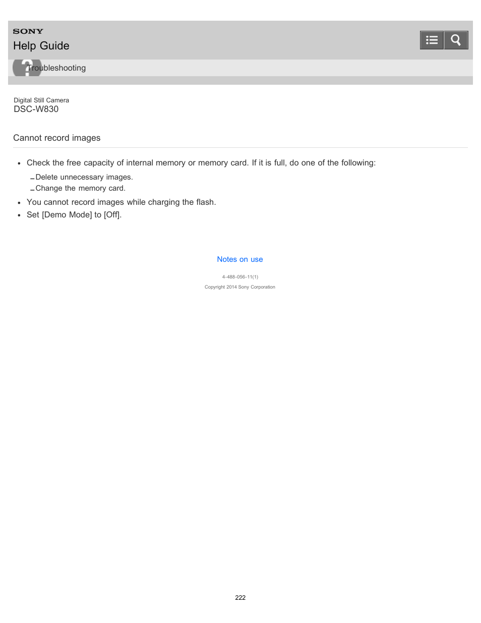 Cannot record images, Help guide | Sony DSC-W830 User Manual | Page 212 / 254