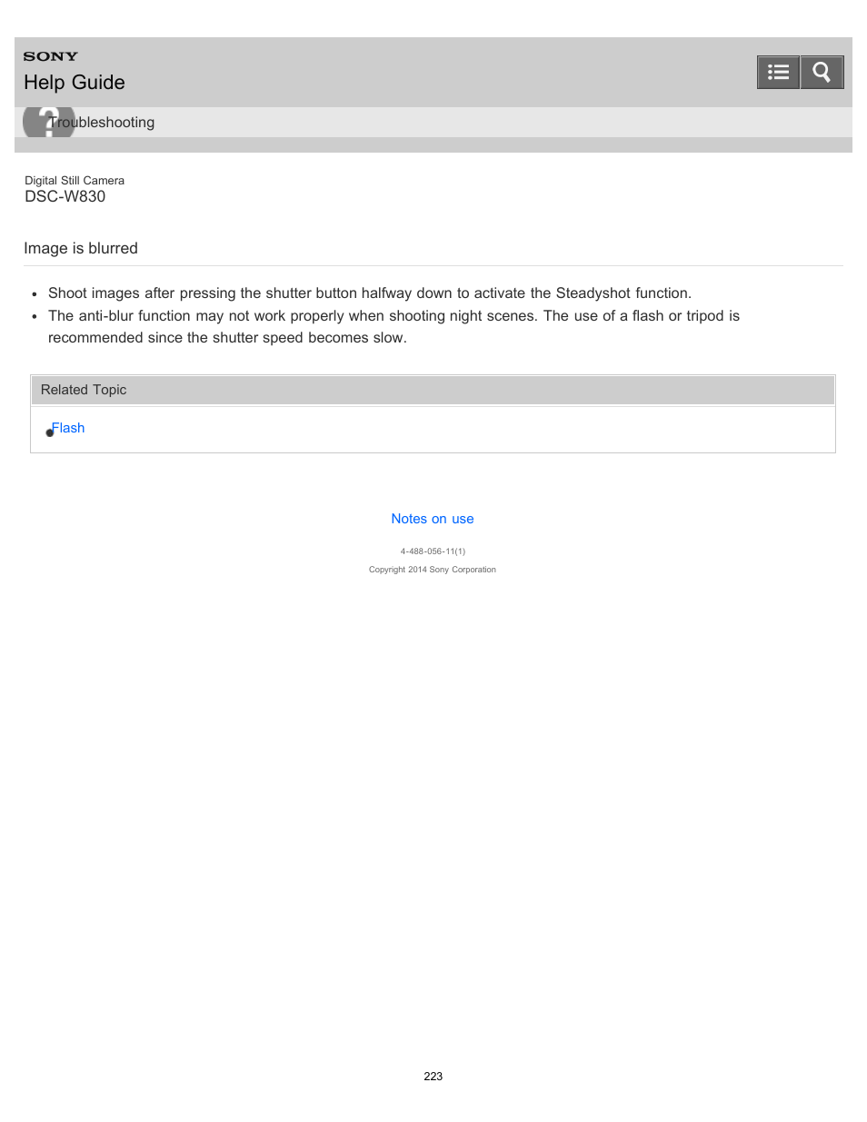 Image is blurred, Help guide | Sony DSC-W830 User Manual | Page 213 / 254