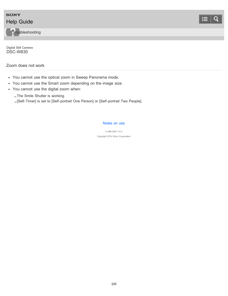 Zoom does not work, Help guide | Sony DSC-W830 User Manual | Page 215 / 254