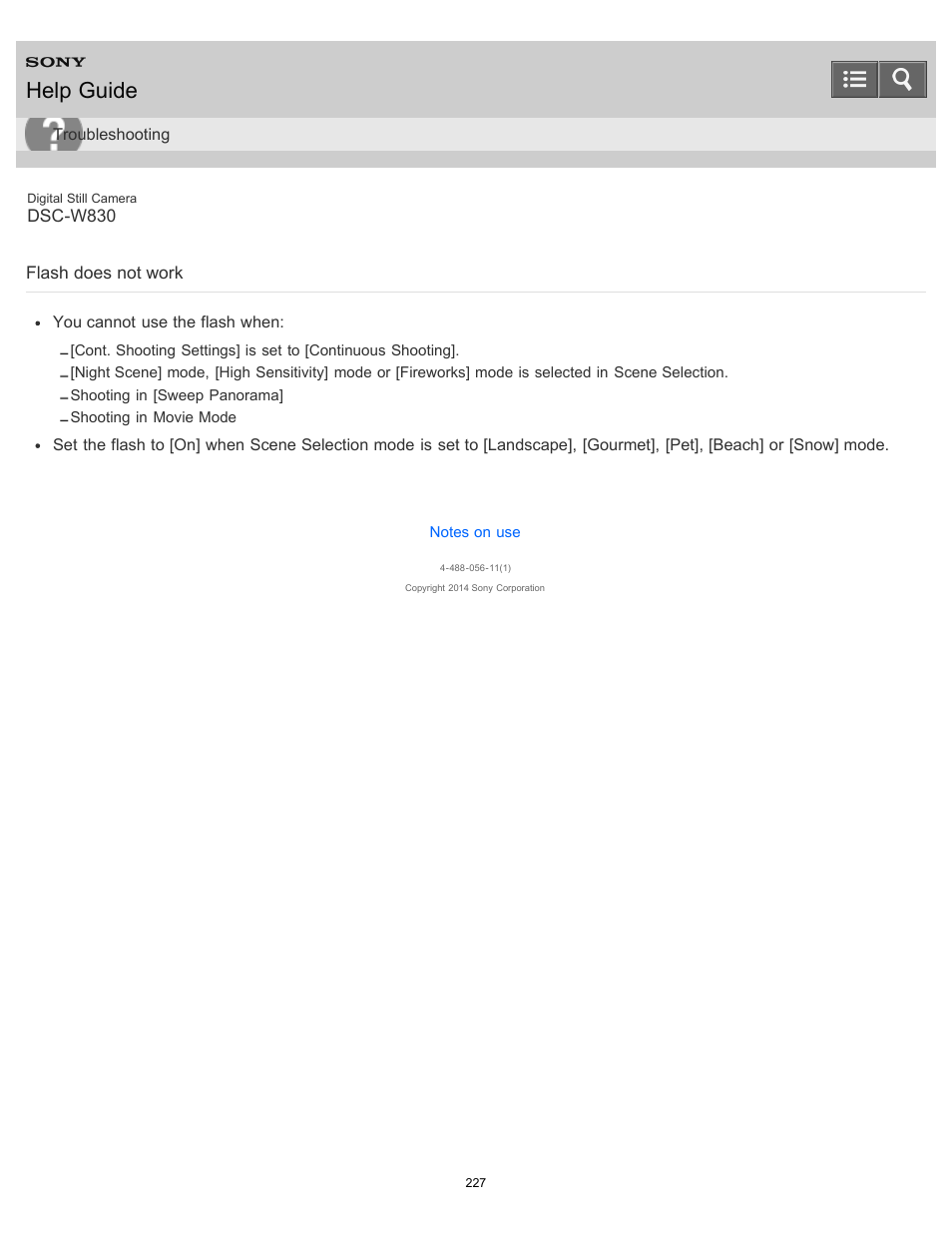 Flash does not work, Help guide | Sony DSC-W830 User Manual | Page 217 / 254