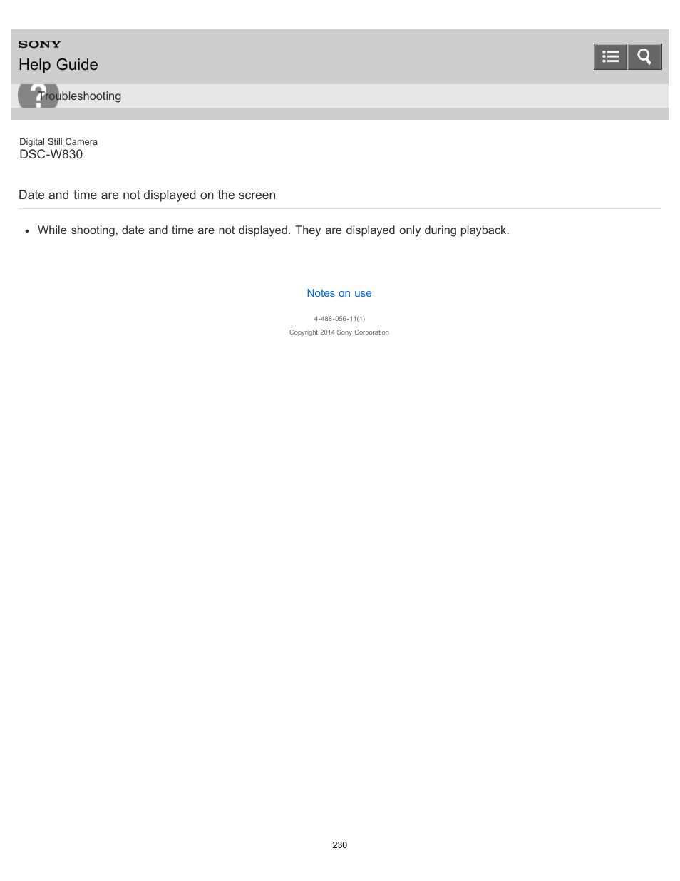 Date and time are not displayed on the screen, Help guide | Sony DSC-W830 User Manual | Page 220 / 254
