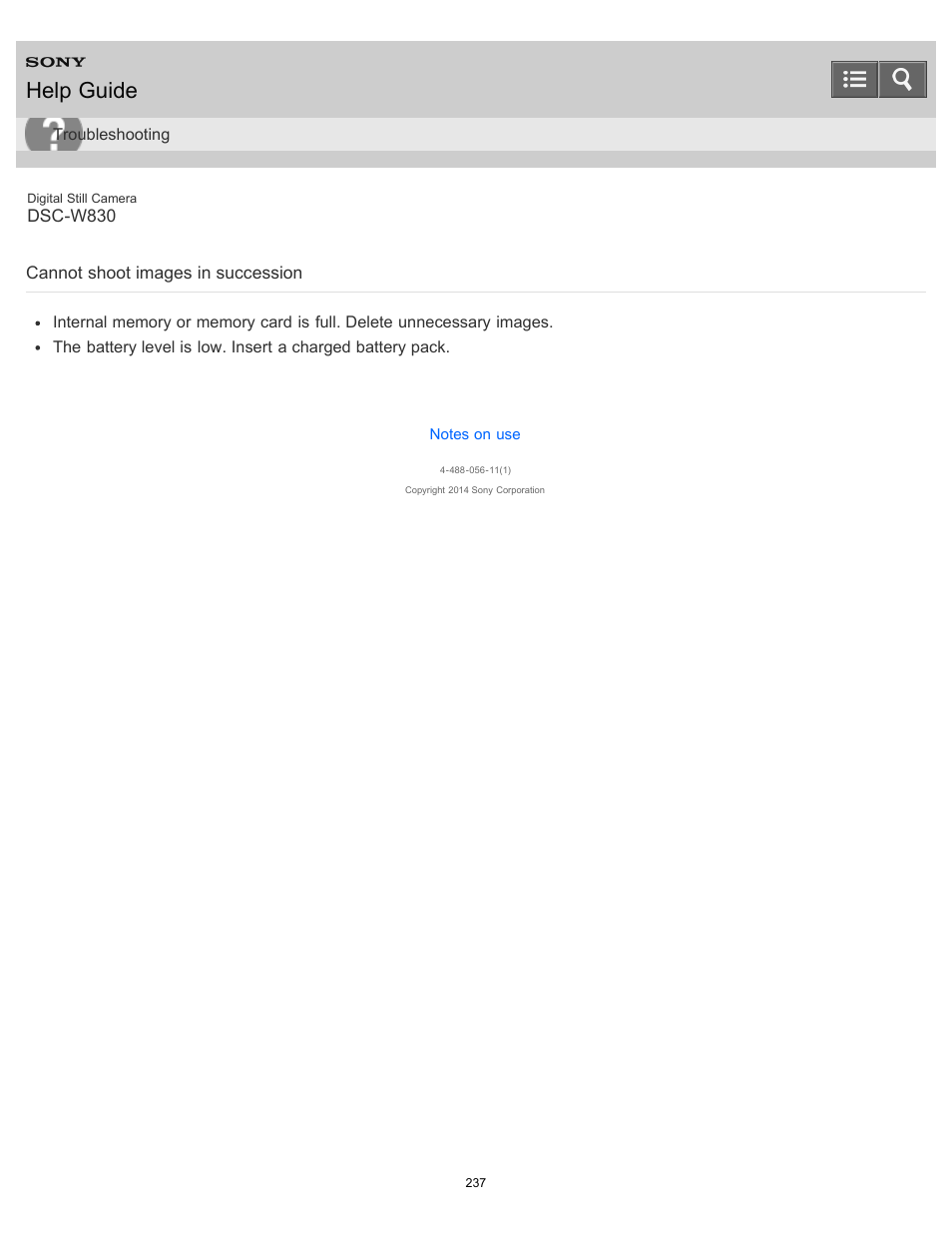 Cannot shoot images in succession, Help guide | Sony DSC-W830 User Manual | Page 227 / 254