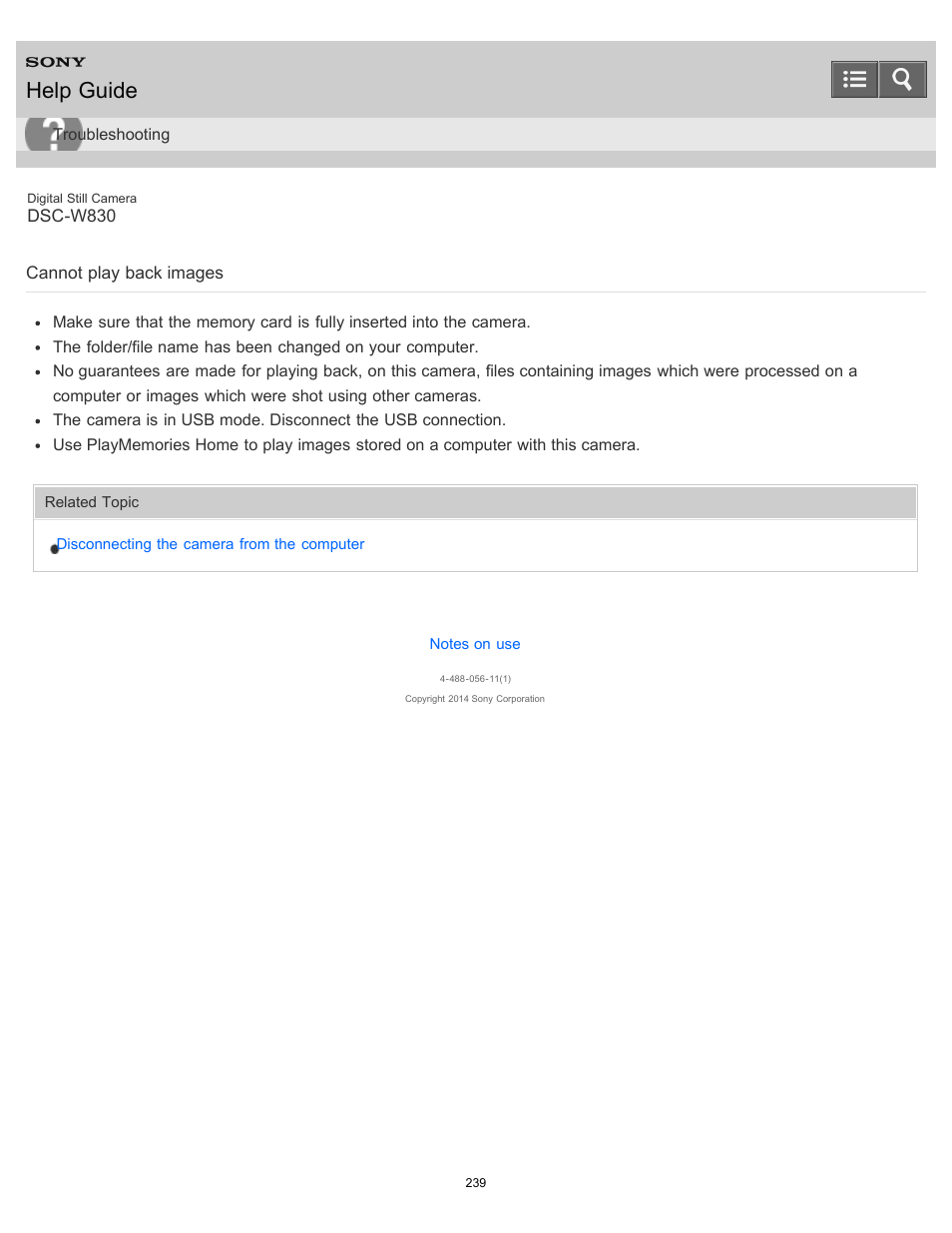 Cannot play back images, Help guide | Sony DSC-W830 User Manual | Page 229 / 254
