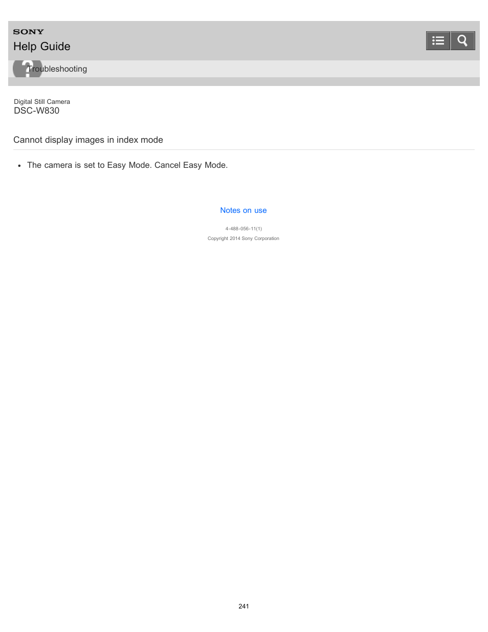 Cannot display images in index mode, Help guide | Sony DSC-W830 User Manual | Page 231 / 254