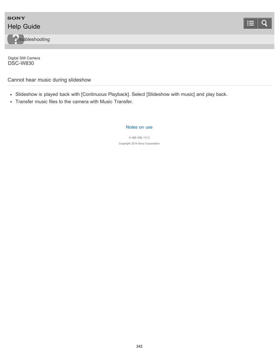 Cannot hear music during slideshow, Help guide | Sony DSC-W830 User Manual | Page 232 / 254