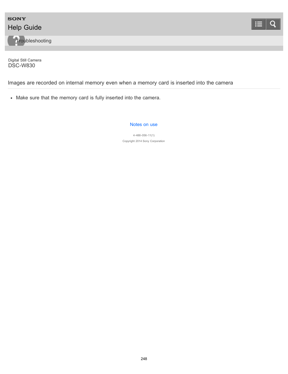 Card is inserted into the camera, Help guide | Sony DSC-W830 User Manual | Page 238 / 254
