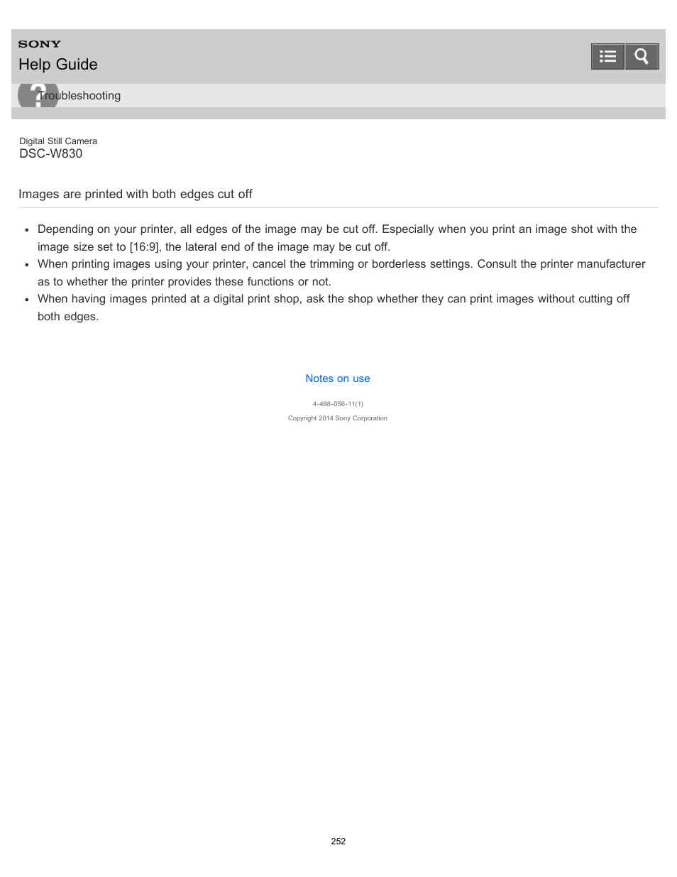 Images are printed with both edges cut off, Help guide | Sony DSC-W830 User Manual | Page 242 / 254