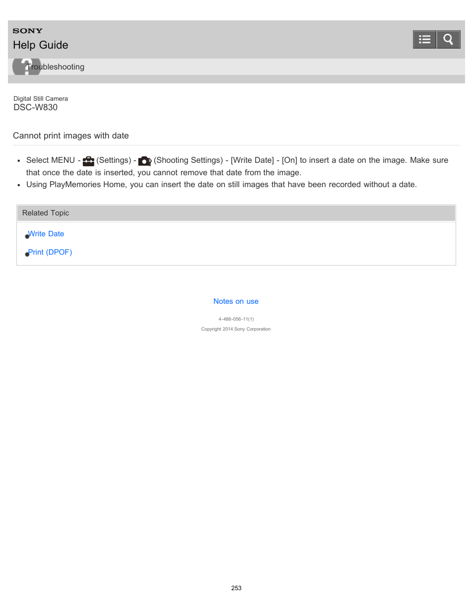 Cannot print images with date, Help guide | Sony DSC-W830 User Manual | Page 243 / 254