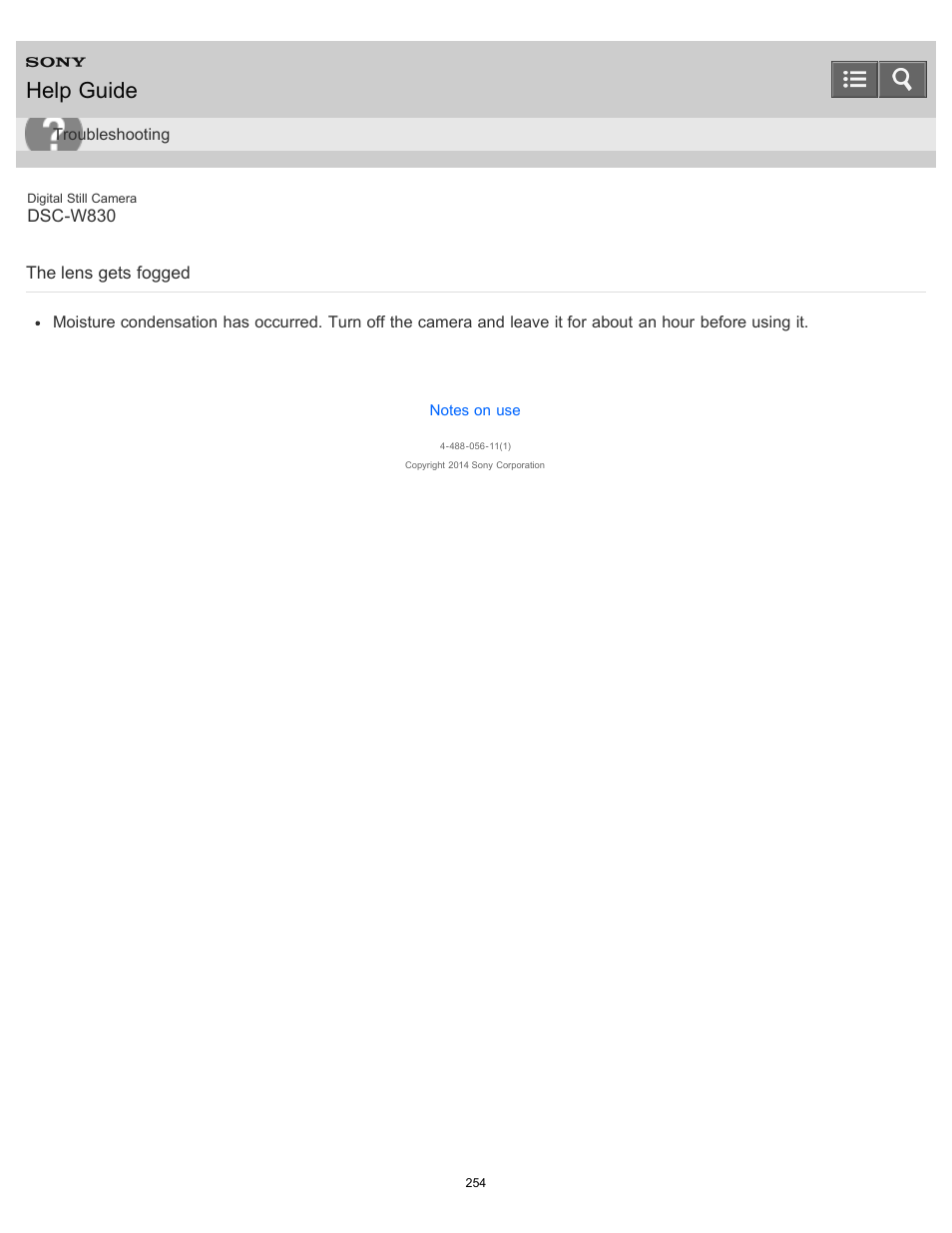 The lens gets fogged, Help guide | Sony DSC-W830 User Manual | Page 244 / 254