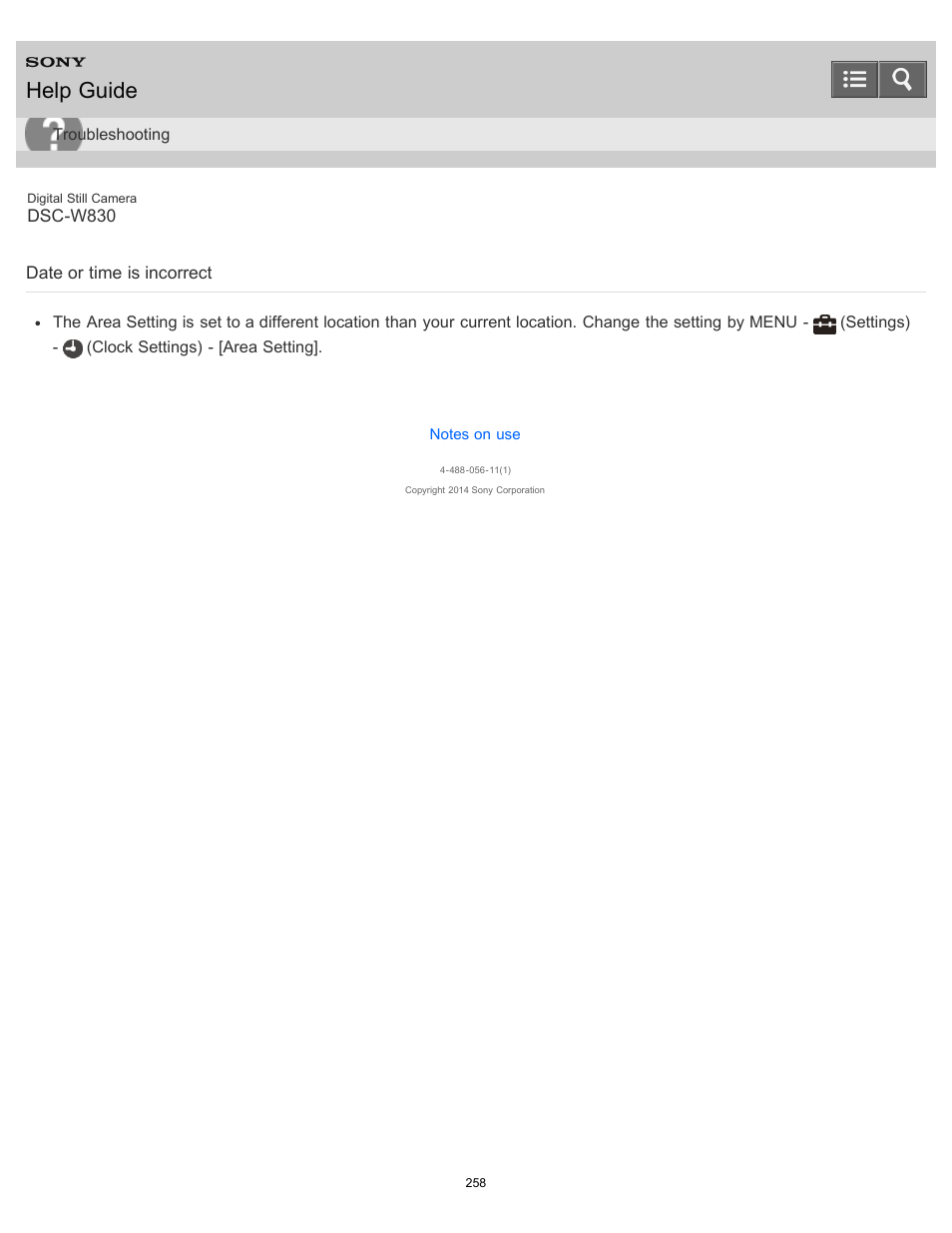 Date or time is incorrect, Help guide | Sony DSC-W830 User Manual | Page 248 / 254