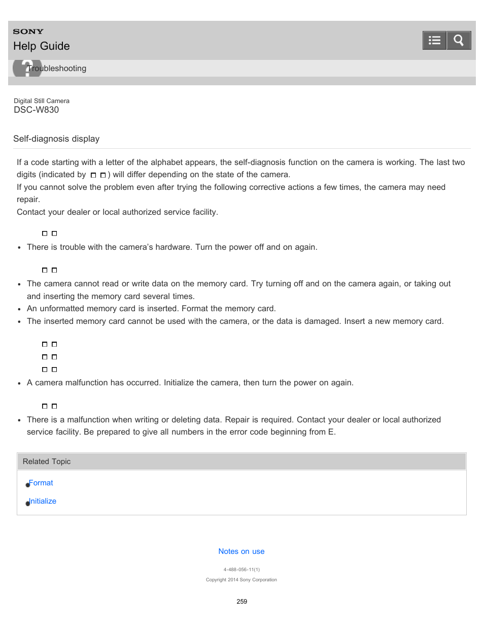 Self-diagnosis display, Help guide | Sony DSC-W830 User Manual | Page 249 / 254