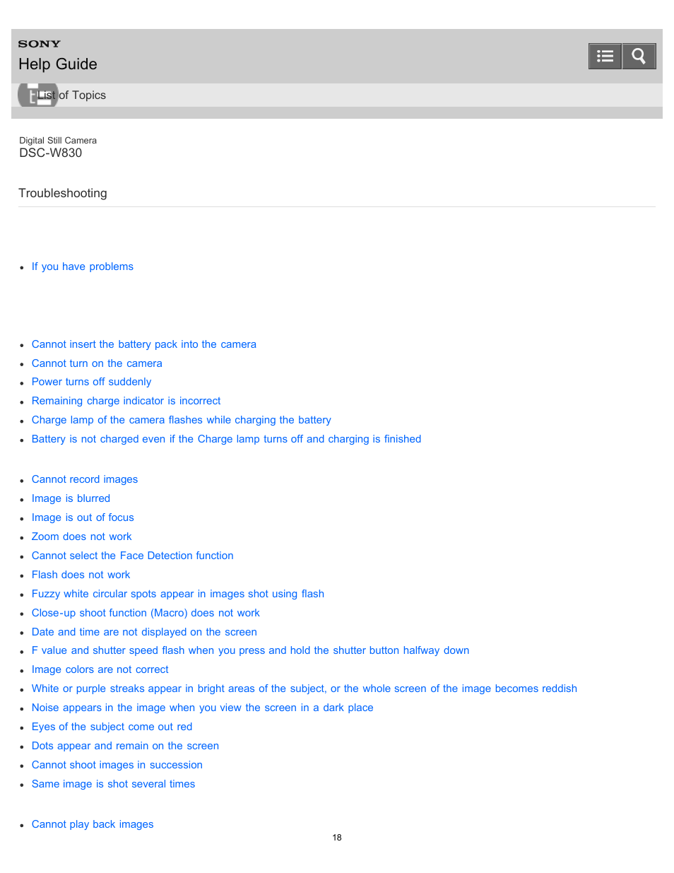 Troubleshooting, Help guide | Sony DSC-W830 User Manual | Page 25 / 254