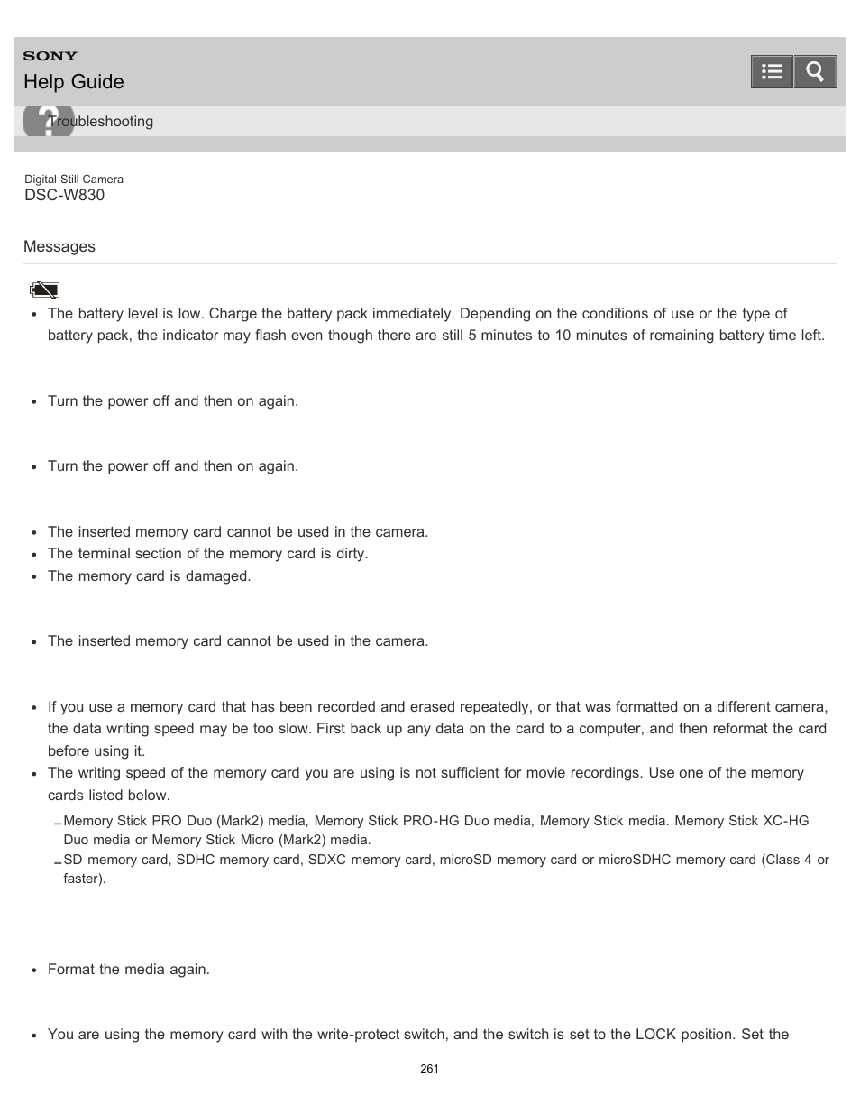 Messages, Help guide | Sony DSC-W830 User Manual | Page 250 / 254