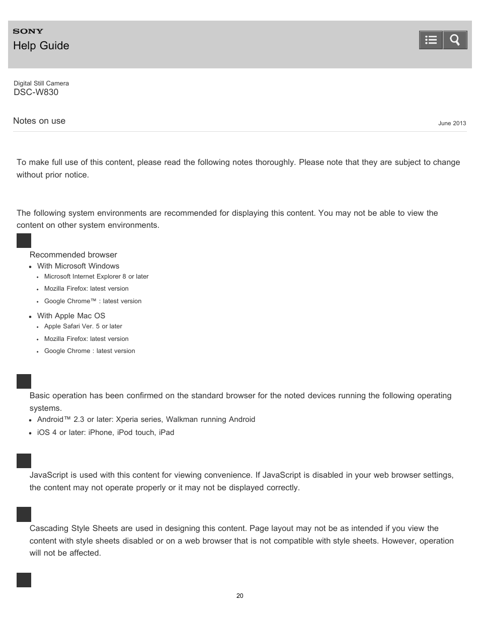 Notes on use, Help guide | Sony DSC-W830 User Manual | Page 27 / 254