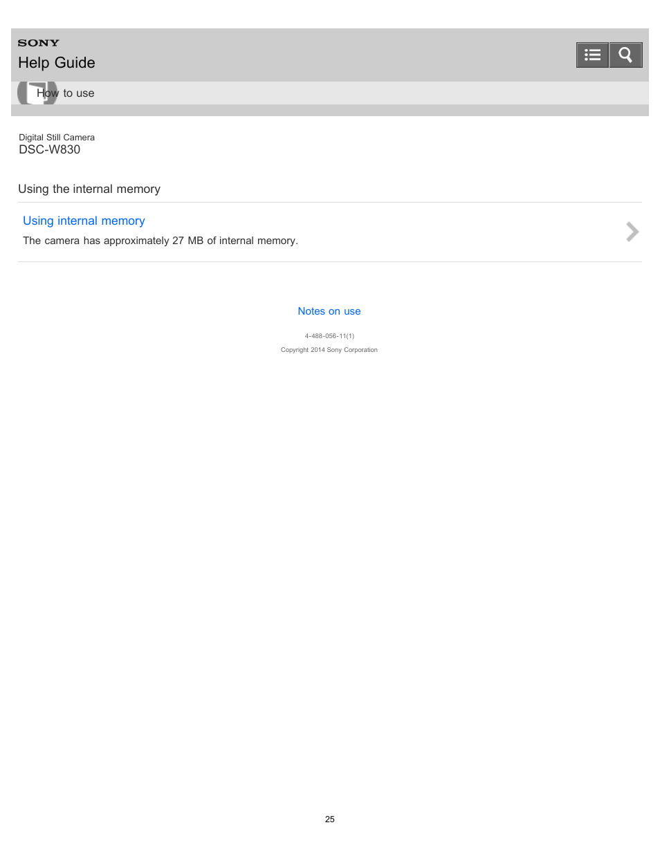 Using the internal memory, Help guide | Sony DSC-W830 User Manual | Page 32 / 254