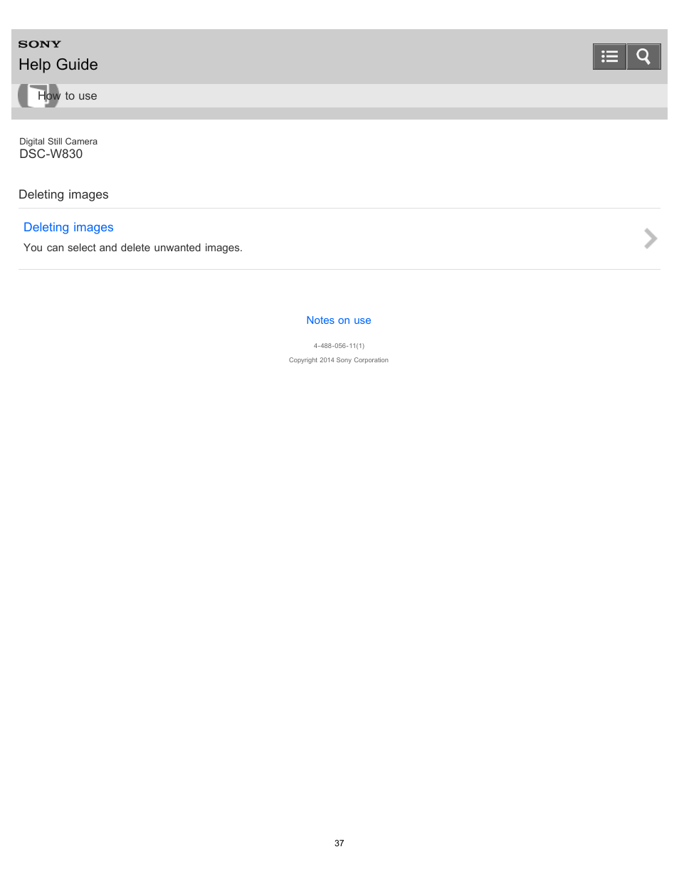 Deleting images, Help guide | Sony DSC-W830 User Manual | Page 44 / 254