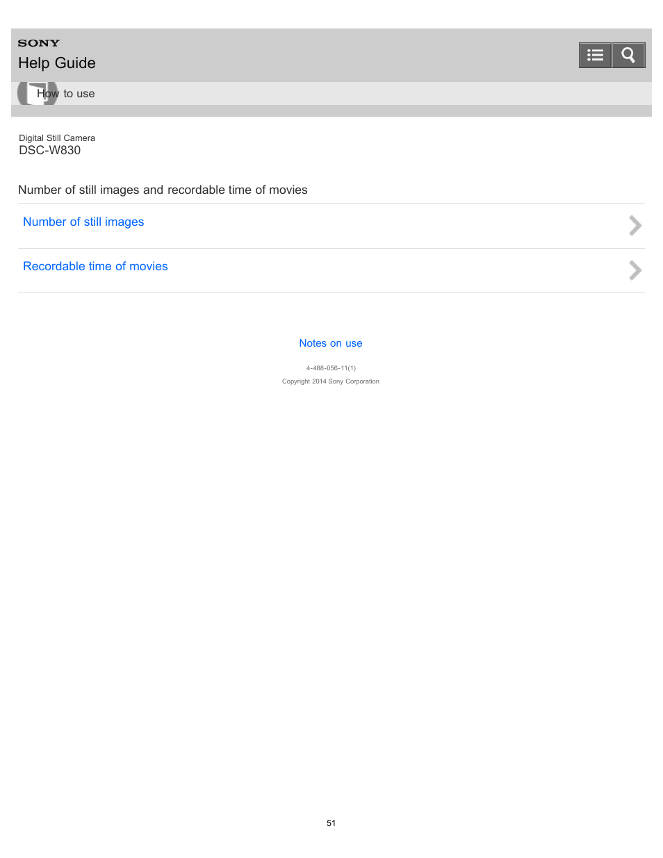 Help guide | Sony DSC-W830 User Manual | Page 58 / 254