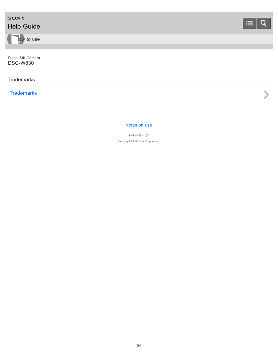 Trademarks, Help guide | Sony DSC-W830 User Manual | Page 61 / 254