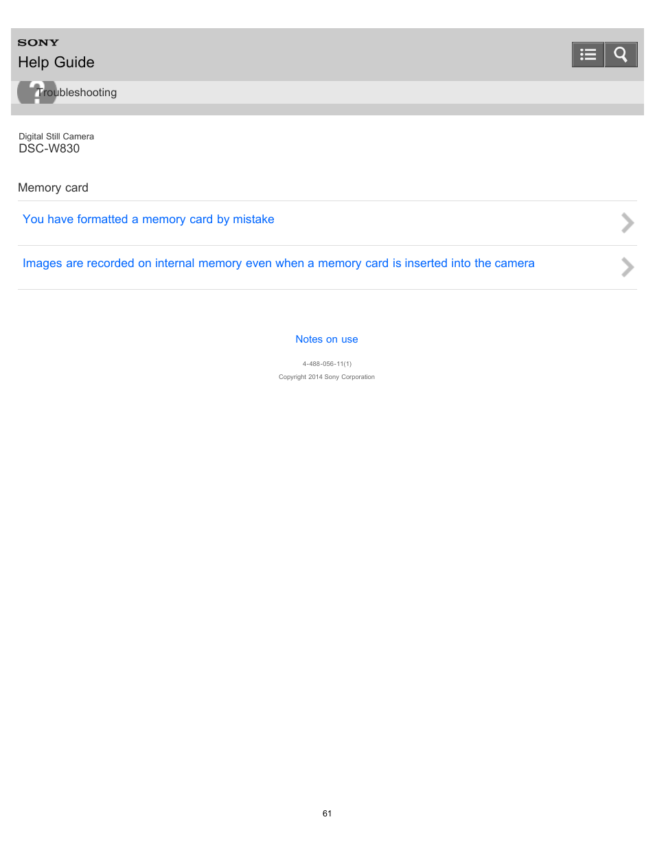 Memory card, Help guide | Sony DSC-W830 User Manual | Page 68 / 254