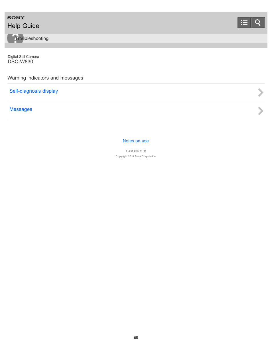 Warning indicators and messages, Help guide | Sony DSC-W830 User Manual | Page 72 / 254