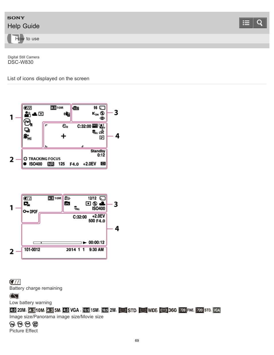 List of icons displayed on the screen, Help guide | Sony DSC-W830 User Manual | Page 76 / 254