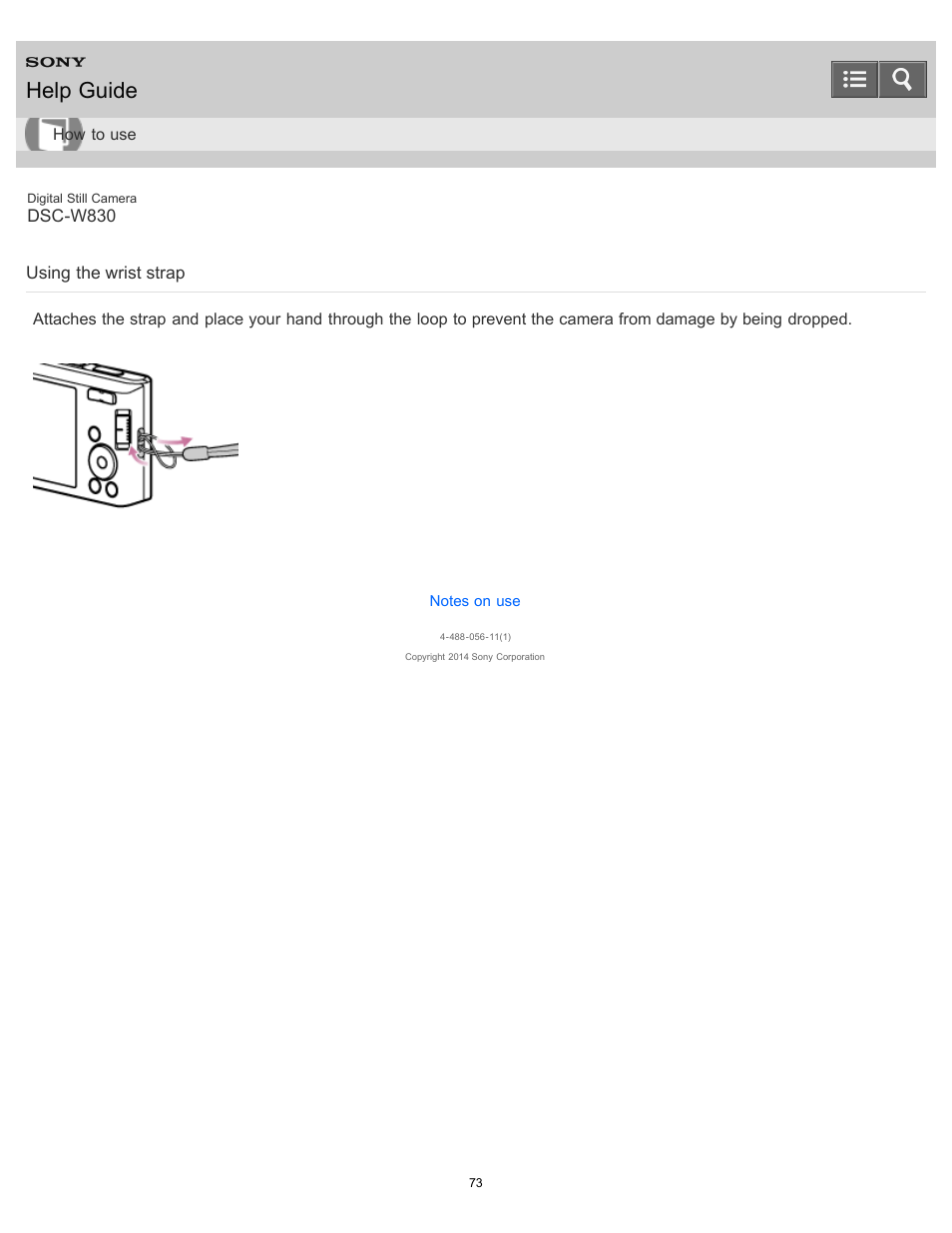 Using the strap, Using the wrist strap, Help guide | Sony DSC-W830 User Manual | Page 80 / 254