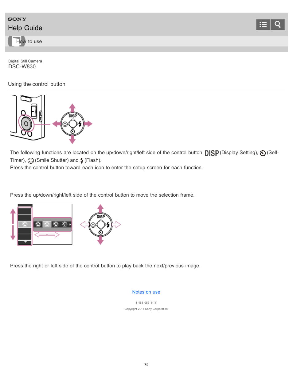 Using the control button, Help guide, Moving the selection frame on the menu screen, etc | Selecting an image to be played back | Sony DSC-W830 User Manual | Page 82 / 254