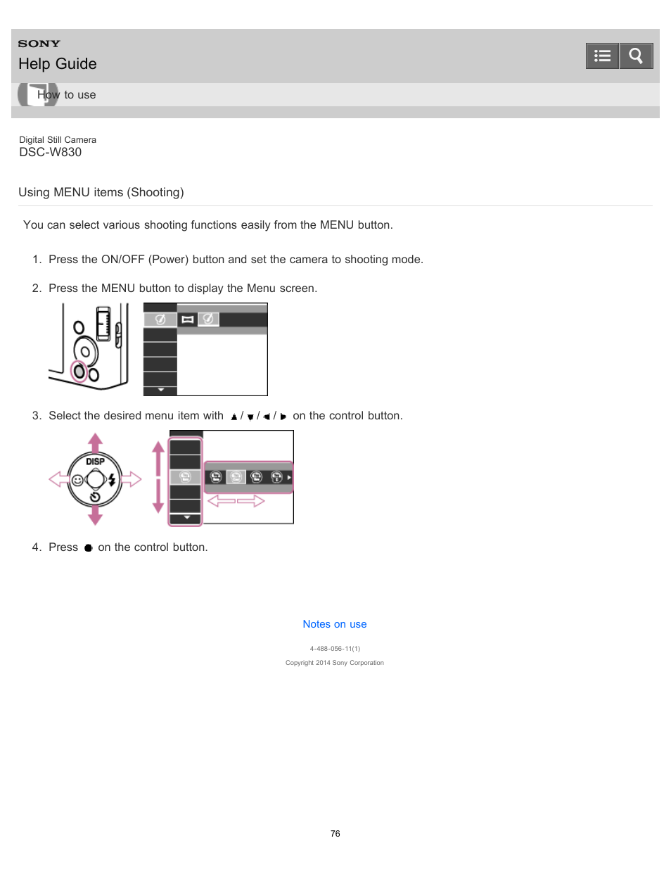 Using menu items (shooting), Help guide | Sony DSC-W830 User Manual | Page 83 / 254