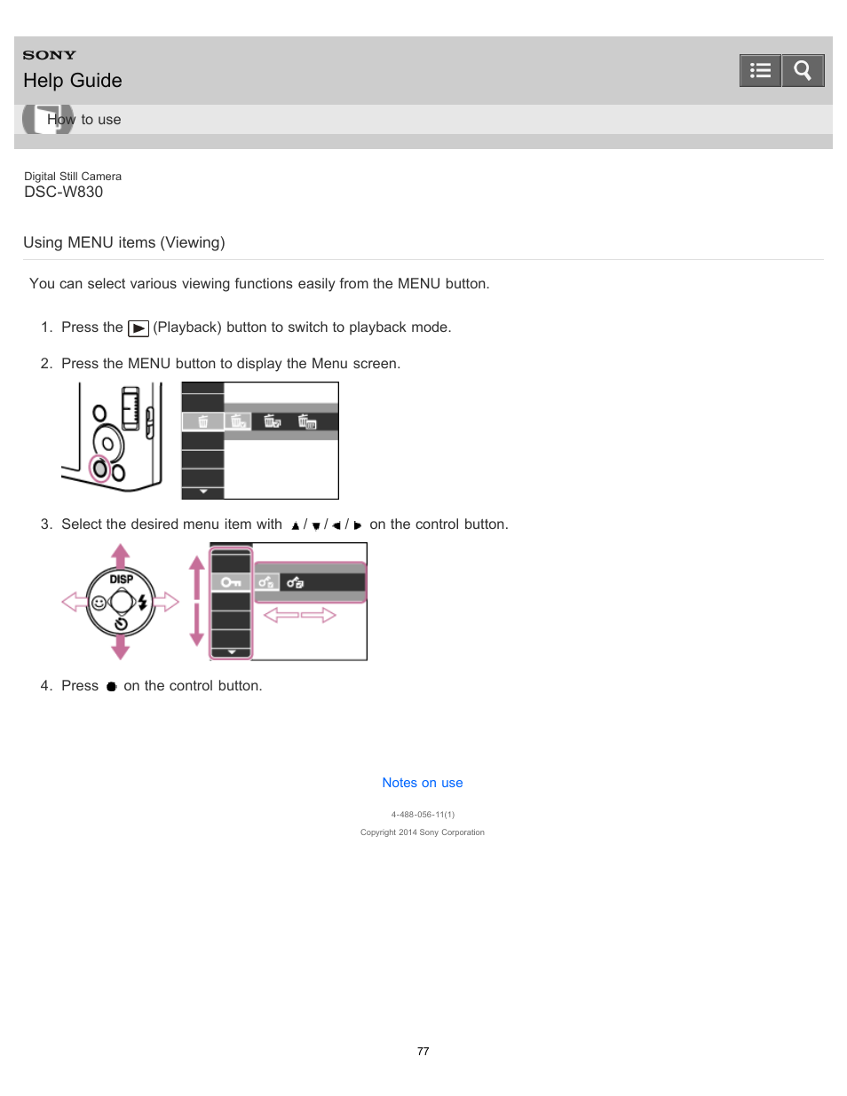 Using menu items (viewing), Help guide | Sony DSC-W830 User Manual | Page 84 / 254