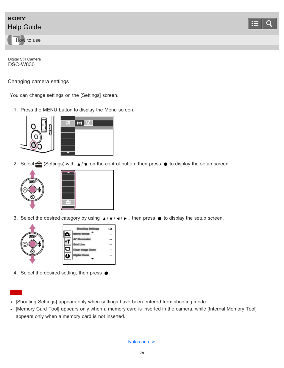 Changing camera settings, You can change settings on the [settings] screen, Help guide | Sony DSC-W830 User Manual | Page 85 / 254