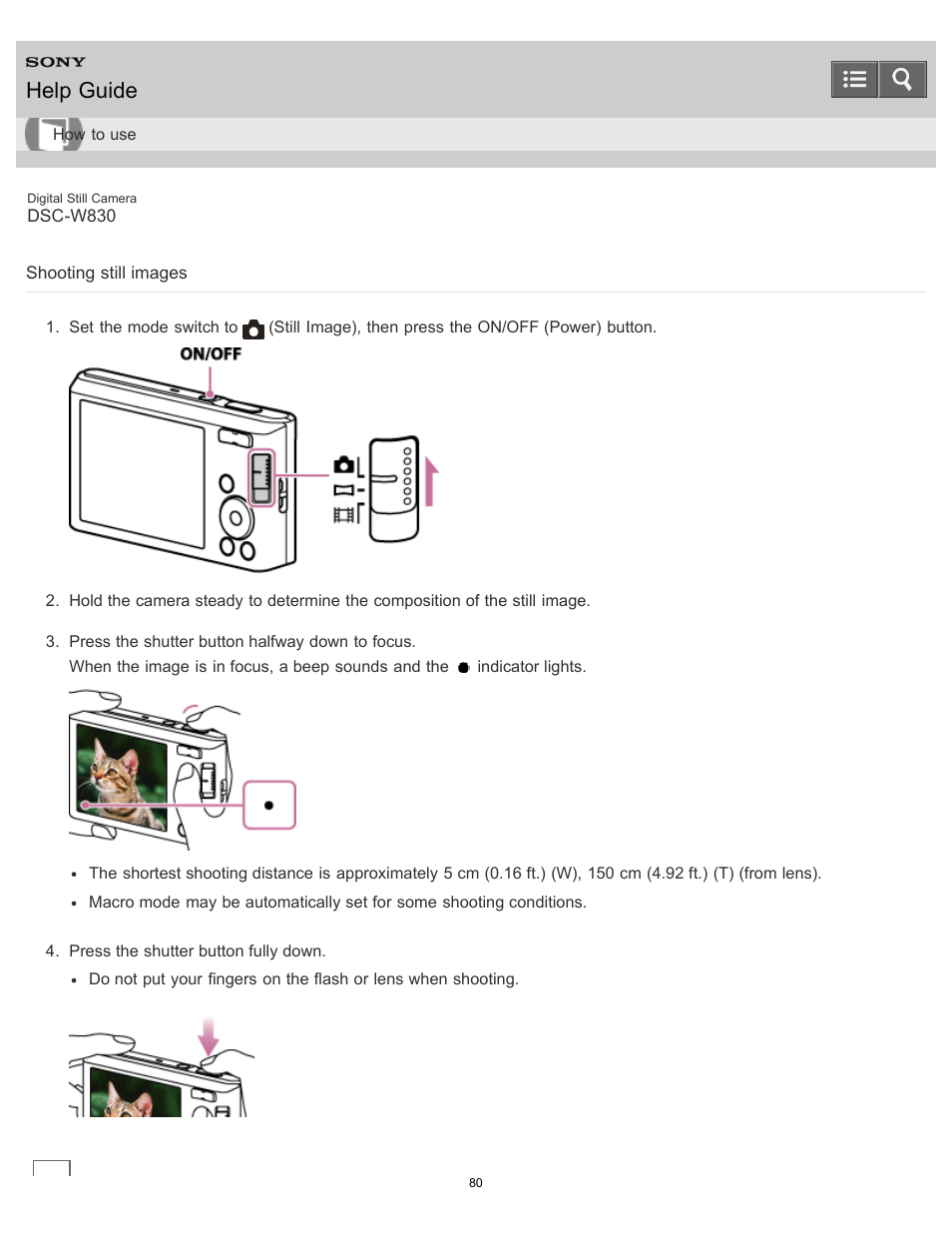 Shooting still images, Help guide | Sony DSC-W830 User Manual | Page 87 / 254