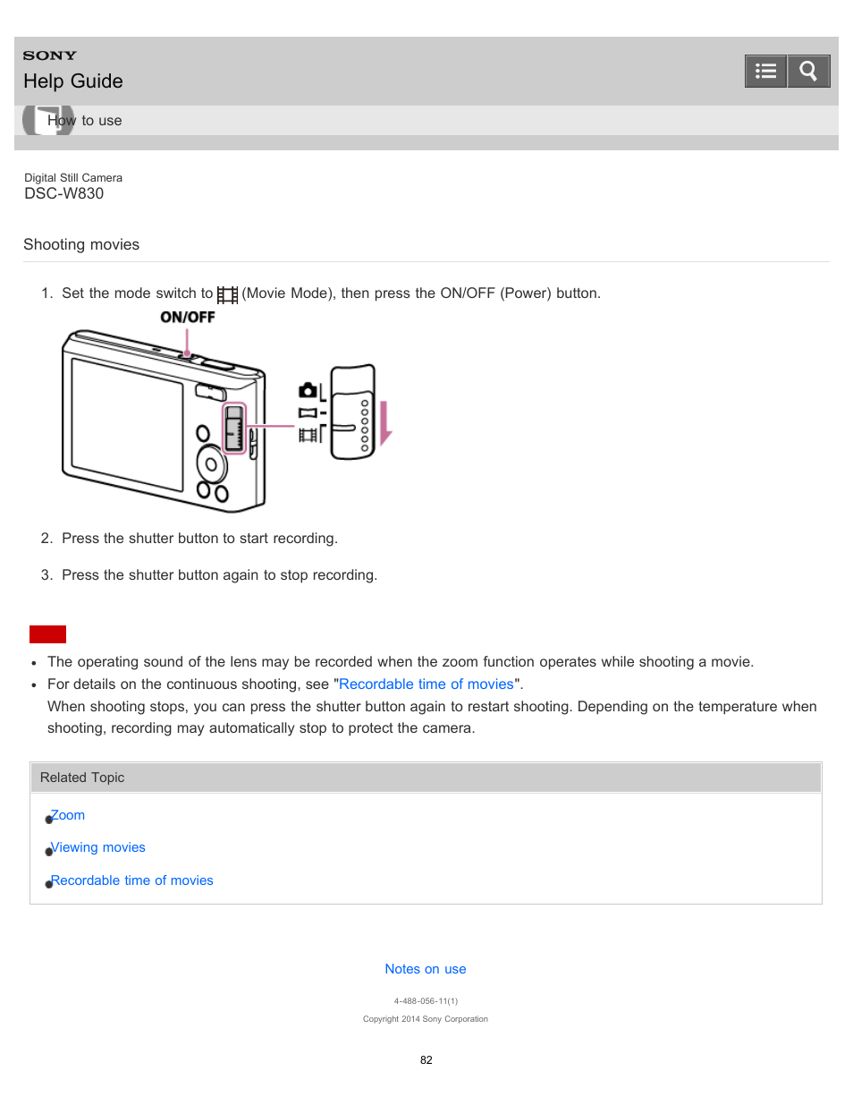 Shooting movies, Help guide | Sony DSC-W830 User Manual | Page 89 / 254