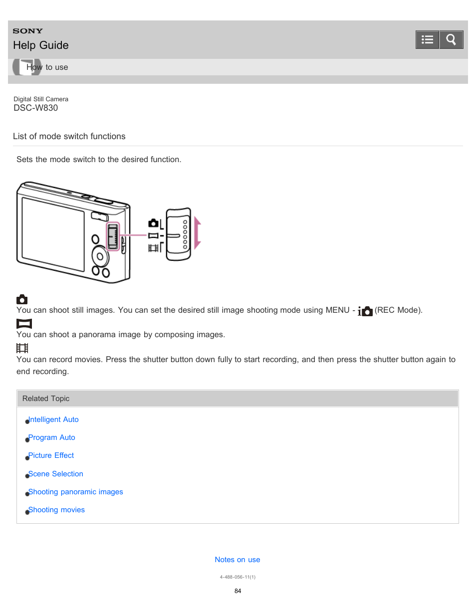 List of mode switch functions, Sets the mode switch to the desired function, Help guide | Sony DSC-W830 User Manual | Page 90 / 254